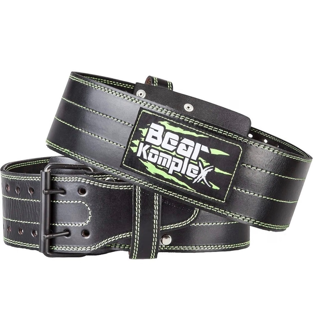 Bear Komplex Black Leather Green Double Prong Weightlifting Belt Size Large
